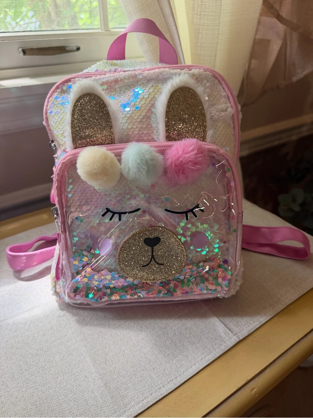 Cat & Jack Bunny Sequin Mini Backpack Pink Glitter Pom NWT